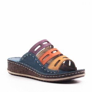 Suede multi-colored slip-on wedge sandals
